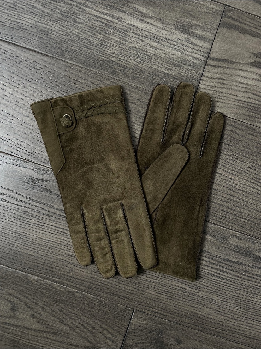 Moschino • Olive Green Suede Leather Wool Lined Braided Cuff Gloves • Size 9
